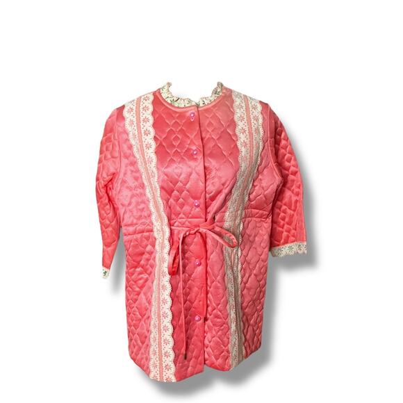 Vintage 60s Pink Quilted Satin Pajama Lounge Set Lace Trim Size 34 Medium - Picture 3 of 13